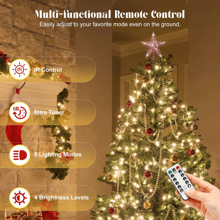 Lewondr Christmas Star Tree Topper, 11.4inch Sequins Xmas Tree Topper with 6H Timer & 8 Light Modes, Remote Control & USB Powered Star Treetop for Home Christmas Tree Decoration, 20 LED Bulbs, Pink