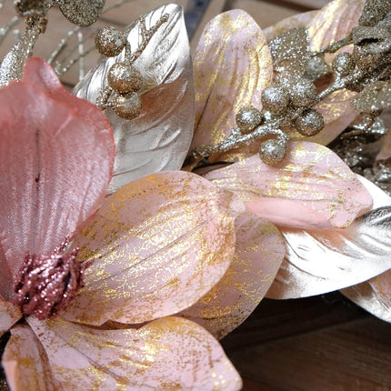 Idyllic 18 Inch Winter and Christmas Magnolia Flowers Gold Glitter Wreath for Home and Front Door Decor, Pink and Gold Magnolia Flower Wreath for Indoor