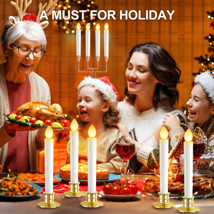 Christmas Window Candles Lights: 10 Pack Flameless Candles Christmas Decorations Taper LED Battery Operated Candles with Remote Control Timer Gold Candle Holders for Window Decor Party Table Top
