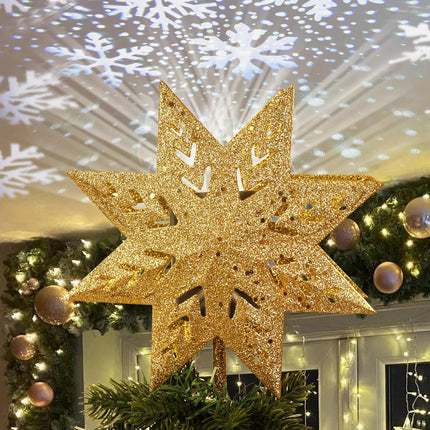 PHITRIC Christmas Tree Topper, 8" Gold Christmas Tree Star with Projector Lights, 8-Pointed Lighted Star Tree Topper, White Snow Projection Tree Toppers Christmas Decorations for Xmas Tree