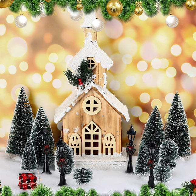 16 Pieces Christmas Village Accessories Set Frosted Christmas Pine Trees and Mini Street Lamp Post Bottle Brush Trees Miniature Village Trees for DIY Crafts Xmas Winter Holiday Decorations