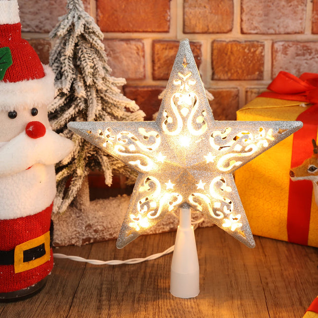 BrizLabs Lighted Christmas Star Tree Topper, 8” Silver Star Xmas Treetop with 10 Lights, UL Plug-in Warm White Tree Topper for Holiday Christmas Tree Decor