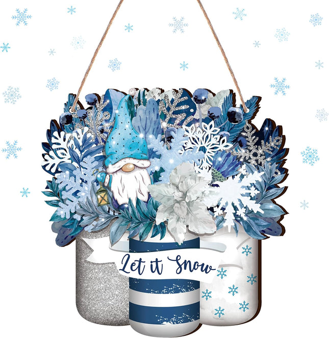 Winter Welcome Sign Wood Sign Blue Mason Jar Style Front Door Decor Winter Wood Hanging Door Sign Outdoor Wooden Front Door Decorations for Farmhouse Porch Front Door Decor (Blue Mason Jar Style)