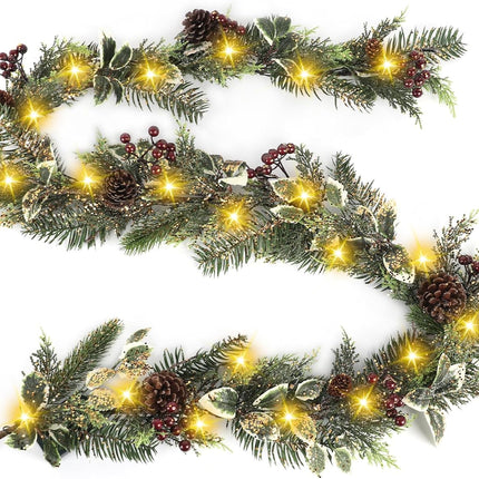 Artgar 6 Ft Christmas Garland, Pre-Lit Christmas Garland - Artificial Garland Christmas Decorations with 30 LED Lights Decorated with Pinecones, Berries for Mantels Dining Tables Porch Decor (Red)