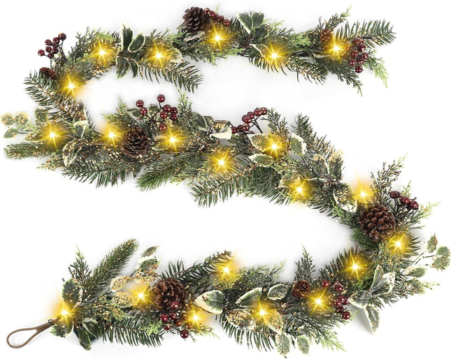 Artgar 6 Ft Christmas Garland, Pre-Lit Christmas Garland - Artificial Garland Christmas Decorations with 30 LED Lights Decorated with Pinecones, Berries for Mantels Dining Tables Porch Decor (Red)
