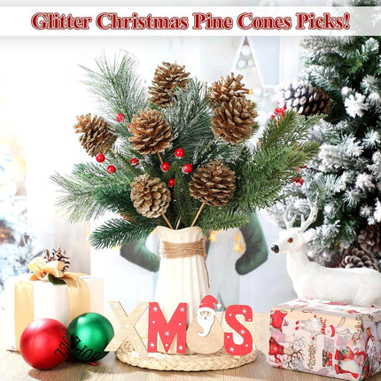 12 Pcs Christmas Pine Cones Picks Gold Glitter 2.4 x 3.15 Inches Pinecone with Wired Pick Artificial Christmas Tree Decorations Ornaments Holiday Centerpiece for Craft Garland Wreath DIY