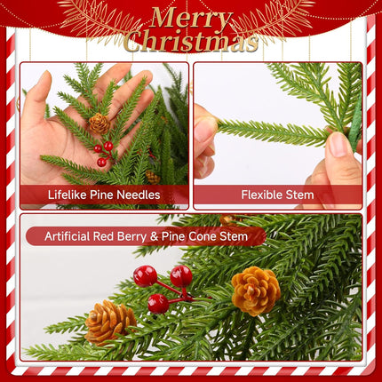 12PCS 17" Artificial Norfolk Pine Branches Christmas Decorations, Fake Cedar Stems with Pine Needle&Cone&Berry for Xmas Decor, Faux Pine Pick Green Plants Ornaments for Home/Holiday/Party