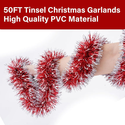 50 Feet Red/White Christmas Tinsel Garland, Metallic Hanging Tinsel Streamers Garland for Christmas Decorations, Garland for Christmas Tree Birthday Party Indoor and Outdoor