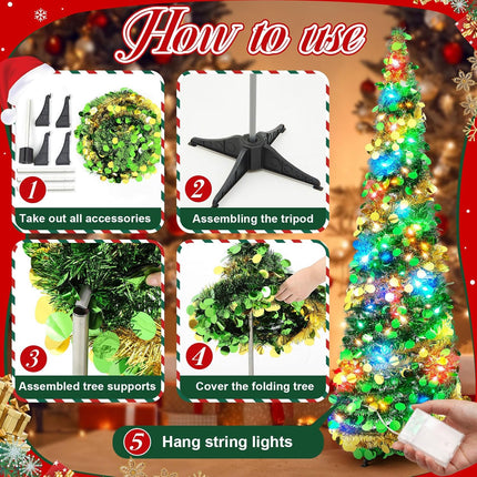Leyndo 3 Pcs Pop up Christmas Tree with LED Light 3, 4, 5 ft Pre Lit Artificial Collapsible Christmas Tree Green and Gold Pencil Sequin Tinsel Skinny Xmas Tree for Indoor Home Fireplace Decoration
