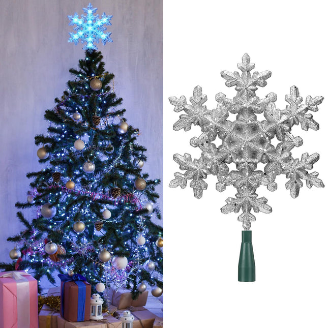 8.25 x 12.75 Inch Silver Snowflake Tree Topper Lighted Christmas Tree Topper with 10 Blue LED Lights 120v Plug in Glitter Christmas Star Tree Topper for Xmas Tree Indoor Home Office Decoration