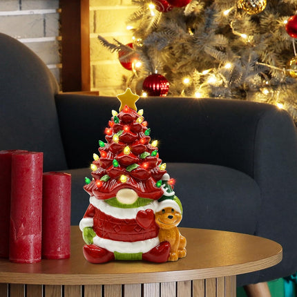 Hexagram Lighted Ceramic Christmas Tree, Christmas Decorations Indoor Red Gnome Mantle Table Decor Christmas Centerpiece, Christmas Decor for Bedroom Living Room Gnome s for Kids Women