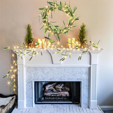 Vanthylit Lighted Artificial Olive Garland, 6FT LED Faux Greenery Vine Garland Lights Battery Operated with Timer for for Mantel Fireplace Wedding Christmas Holiday Home Decor