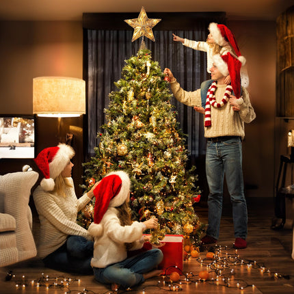 Christmas Star Tree Topper, Plug in 3D Star Tree Topper, 11”Golden Glittered Metal Hollow Designed Built-in 10 Bulbs String Lights for Christmas Tree Decorations