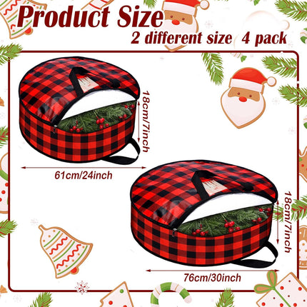 4 Pcs Christmas Wreath Storage Bag 24 Inch 30 Inch Large Buffalo Plaid Wreaths Storage Container Zippered Wreaths Holder with Handles for Xmas Holiday Party Seasonal Storage Wrapping(Black and Red)