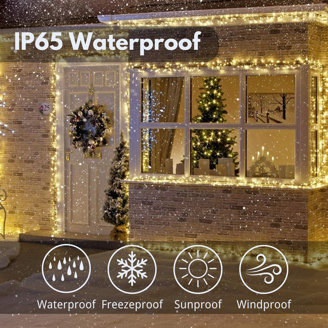 Solar String Lights Outdoor Waterproof 2PK 200LED 66FT Twinkle Lights Solar Powered LED Light Green Wire with 8 Modes for White Christmas Lights Tree Party Wedding Garden Decorations (Warm White)
