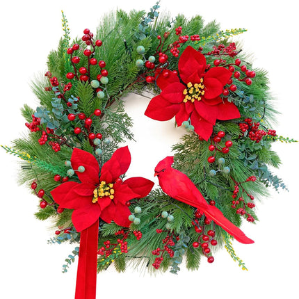 Pre-Lit Christmas Wreaths for Front Door 24 Inch Christmas Wreath with Lights,Large Winter Wreath with Cardinal Birds,Poinsettia,Green Evergreen Pine Needles Red Berries Holiday Wreath Decor