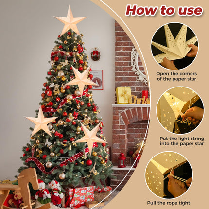 24 Inch Paper Star Lantern with 8 Mode 60 LEDs Firework Fairy Lights, 5 Points Paper Star Lantern Foldable, Hollow Out Star Hanging Decoration for Indoor Outdoor Room Wedding Christmas - 2 Pack