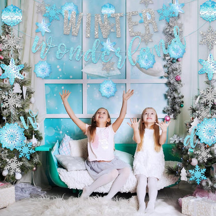 SUNBEAUTY Winter Wonderland Decorations Snowflake Garland Banner Winter Wonderland Snowflake Decorations for Happy Holidays Christmas Wedding Winter Wonderland 1st Birthday Party