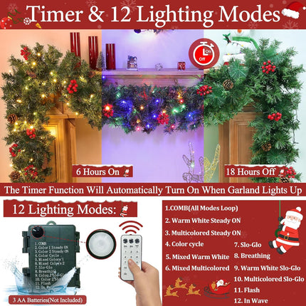 Remote Control & Timer 12 Modes 9 Ft Prelit Christmas Garland Decorations 50 Warm White & Colorful Change Lights Cedar Garland 290 Scots Smoky Pine 12 Pinecone Red Berry Mantle Fireplace Xmas Garland