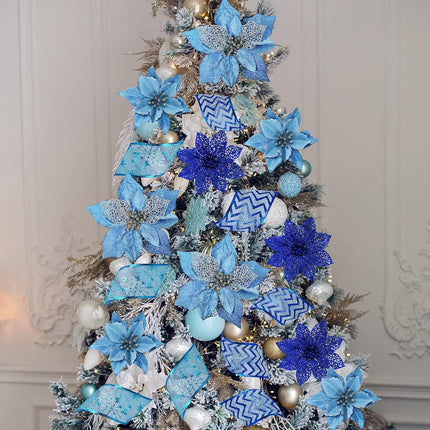 Winlyn 26 Set 3 Style Christmas Blue Glitter Poinsettia Flowers Picks Xmas Tree Ornaments and 12 Yards Decorative Blue Glittered Wired Ribbon for Blue Christmas Tree Wreath Garland Holiday Décor