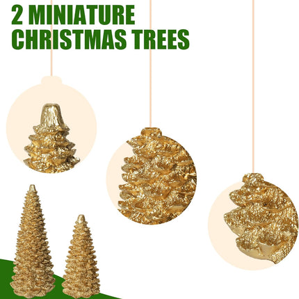 NEROSUN Gold Christmas Tree Figurine, Set of 2 Resin Christmas Tree Table Decorations, Christmas Mini Tree Ornaments Table Centerpiece for Indoor Cabinet Mantel Fireplace Holiday Xmas Decor