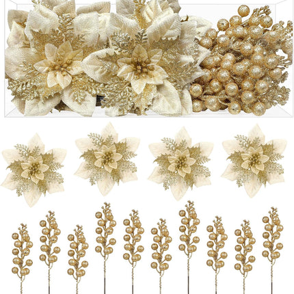 24 Pcs Christmas Tree Decorations Picks, Boxed 12Pcs Poinsettias Artificial Christmas Flowers with Clips and Stems+12pcs Holly Berry Stems for Xmas Tree Decor or Party Wreath Fireplace Stairs, Gold