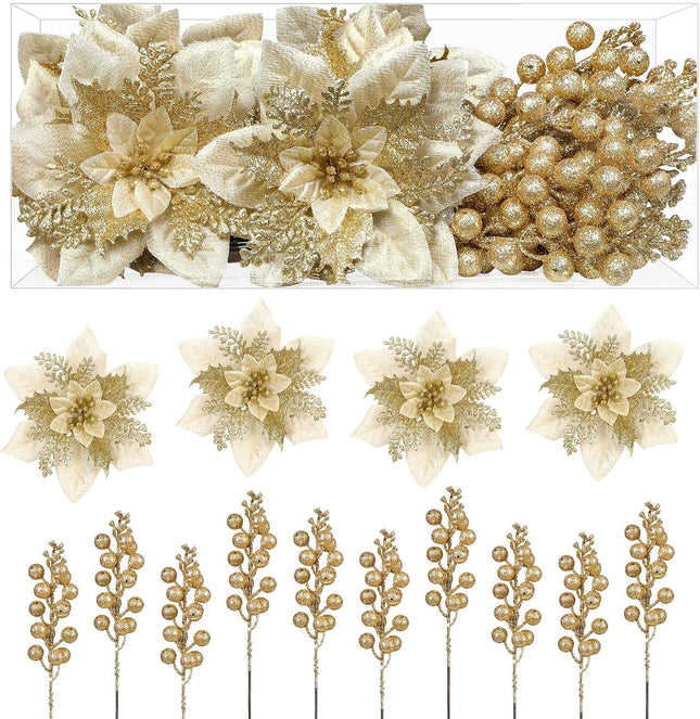 24 Pcs Christmas Tree Decorations Picks, Boxed 12Pcs Poinsettias Artificial Christmas Flowers with Clips and Stems+12pcs Holly Berry Stems for Xmas Tree Decor or Party Wreath Fireplace Stairs, Gold