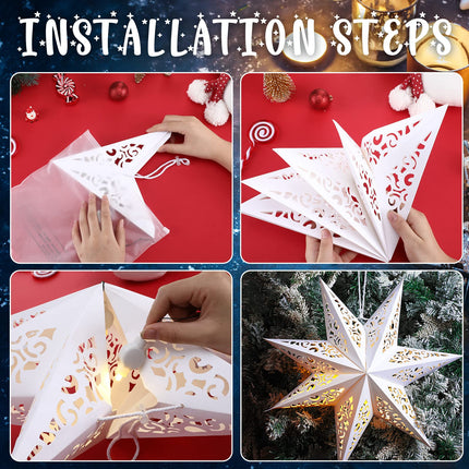 3 Pcs Christmas 20 Inch Paper Star Shaped Lantern Decorative 7 Point White Paper Lanterns with 6 Pcs Lights LED Hanging Hollow out Star Lampshade for Ceiling Indoor Outdoor Window Wedding Decorations