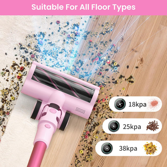 Belife Cordless Vacuum Cleaner, 38Kpa 450W Stick Vacuum Cleaners For Home Carpet Hardwood Floor, Wireless Household Vaccum For Pet Hair With Led Touch Display, Up To 45Mins Runtime Pink