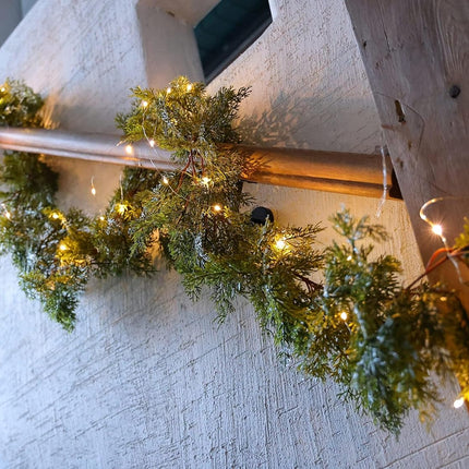 6FT Christmas Garland PARTY JOY Cedar Garland with 9.8FT LED Lights String, Greenery Plant for Christmas Decorations Table Mantle Background Wall Room Outdoor Indoor Winter Decoration