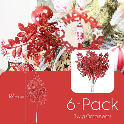 Sea Team 6-Pack Artificial Glitter Holly Berry Twigs, Bacca Stem Ornaments, Decorative Bead Sticks, Picks, Branches for Christmas Tree, Wreath, Vase Fillers for Centerpieces, Home Décor, Red