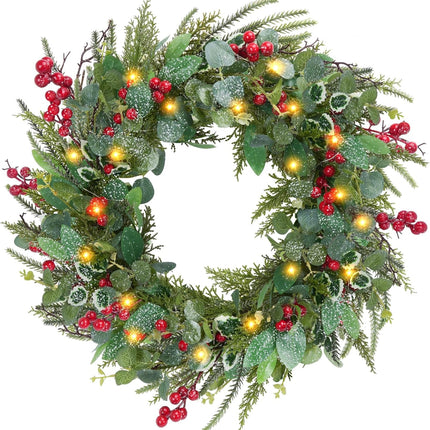 HUAESIN 20in Artificial Pre-Lit Christmas Wreath Holiday Accent Decoration for Door, Small Artificial Xmas Wreath for Hanging Christmas Gate Wall Decorations