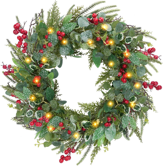 HUAESIN 20in Artificial Pre-Lit Christmas Wreath Holiday Accent Decoration for Door, Small Artificial Xmas Wreath for Hanging Christmas Gate Wall Decorations