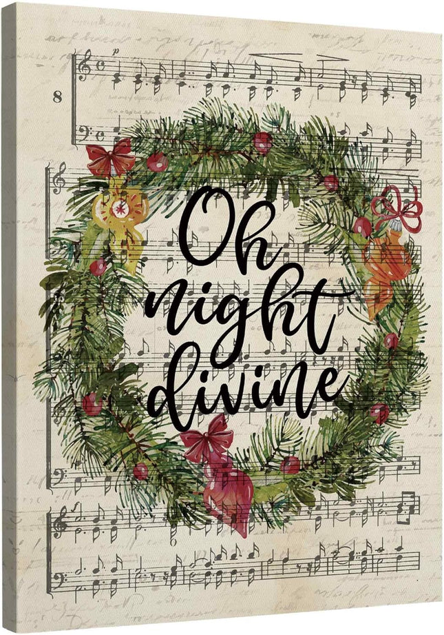 TLESKE Vintage Winter Christmas Carol Oh Night Divine Wall Art Decor, Retro Christian Christmas Song Canvas Wall Art Print for Bedroom Living Room, Christmas Wreath Music Notes Wall Artwork Picture, 11x14in