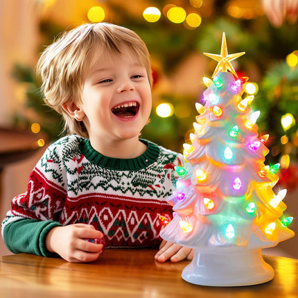 13 Inch Ceramic Christmas Tree, Pre-lit Tabletop Christmas Tree with Multicolored LED Lights and Star, Battery Operated, White