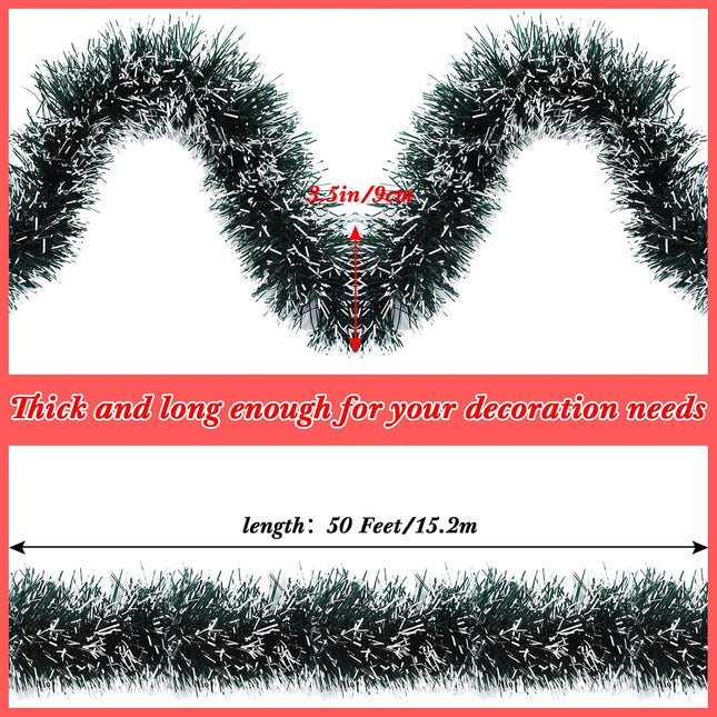 50 Feet Christmas Tinsel Garland Metallic Twist Garland Frost Tip Glitter Xmas Tree Decorations Shiny Wreath for Christmas Party Supplies Indoor and Outdoor Decor, 3.5 Inch Wide (Green)