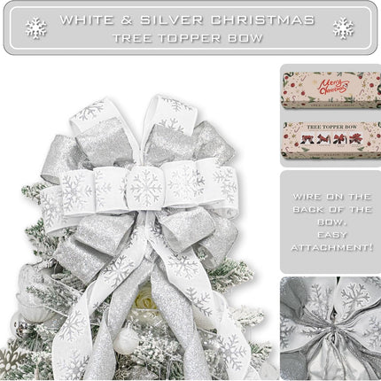 Christmas Tree Topper Bow, 53x13 Inches Large Christmas Bow with Glitter Streamer and Patterned Ribbon, Decorative Bows for Xmas Tree Wreath Door Festival Home Decor(White & Silver Snowflake)