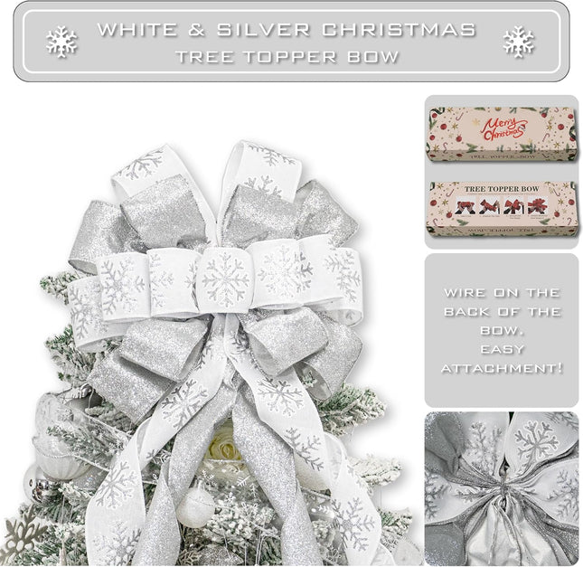 Christmas Tree Topper Bow, 53x13 Inches Large Christmas Bow with Glitter Streamer and Patterned Ribbon, Decorative Bows for Xmas Tree Wreath Door Festival Home Decor(White & Silver Snowflake)