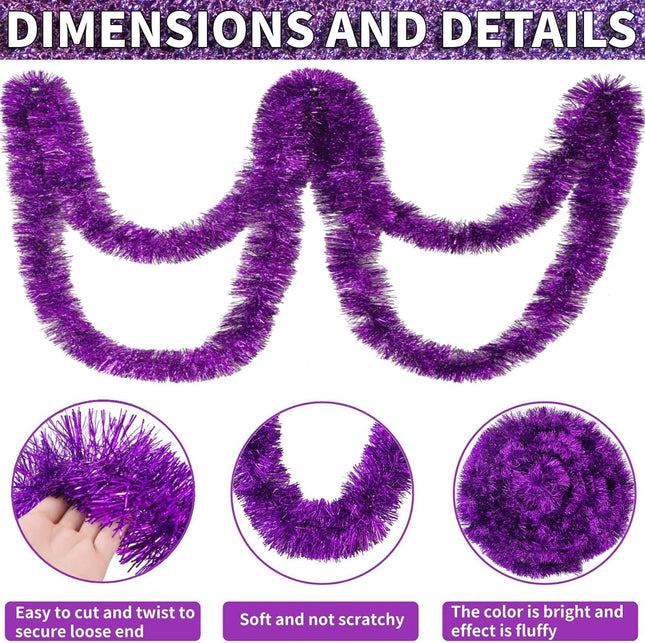 26.2 Ft Tinsel Garland Decoration for Holiday Tree Walll Home Office Event, Christmas, Birthday, Weddings, Party Decorations, Fluffy Twist for All-Season Indoor Outdoor Events - Purple