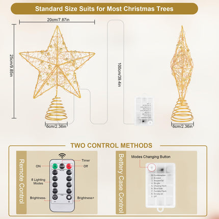 Verdenu Christmas Tree Topper, 40 Light Tree Topper Star, Christmas Tree Topper Lighted, Prolong Wire Gold Star Tree Topper with Remote Control for Christmas Decorations, Holiday, Vacation, Year