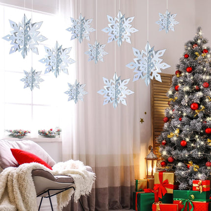 MIAHART Christmas Hanging Snowflake Decorations 12 pack 3D Silver Snowflake Hanging Garland Large Silver Snowflakes for Christmas Winter Holiday Year Birthday Party Home Decor