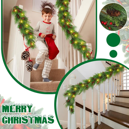 Chuangdi 6 ft Christmas Pine Garland with 20 LED Lights Battery Operated Pre-lit Artificial Pine Needle Garland with Pine Cones Berries Christmas Greenery Garland for Mantle Staircase Fireplace Decor