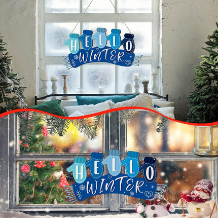 Christmas Hello Winter Gloves Hanging Sign Navy Blue Scarf Hello Winter Wooden Door Sign Hanging Plaque Rustic Wall Sign Wall Decor for Yard Indoor Outdoor Garden Decor with Rope