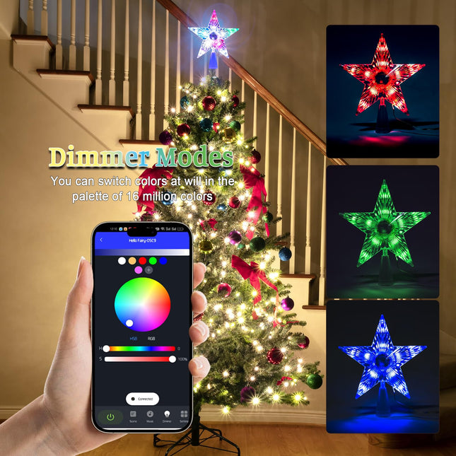 Christmas Tree Topper Smart Star, 7.6'' 10LEDs Static Dynamic Lighted Tree Topper,RGB Color Changing with Remote Controller, W/App Control, USB Powered, Music Sync, Xmas Tree Topper Holiday Decor