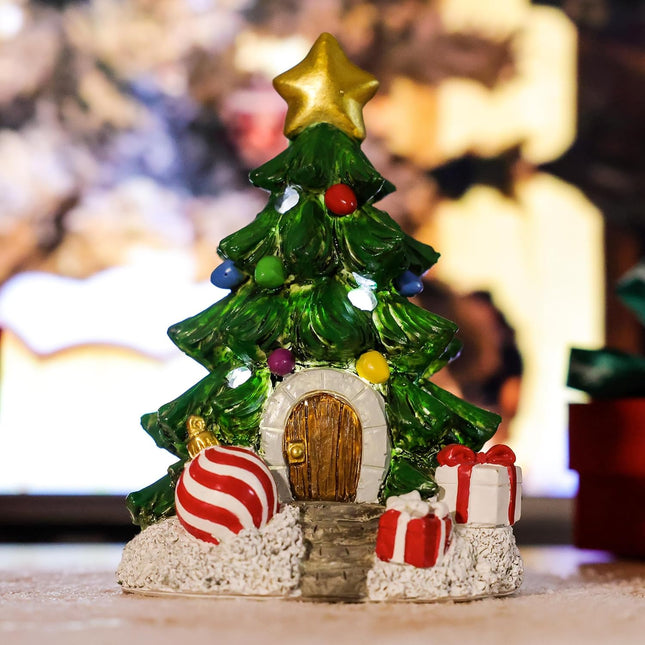 Christmas Houses Decor-Christmas Tree Village House Light Up Christmas Indoor Table Decorations Winter Decor Xmas Village Accessories Statue Ornament