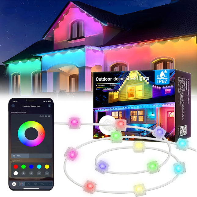 Permanent Outdoor Lights, 50ft Smart RGB LED Eaves Lights with APP Control, Waterproof for Christams, Wedding, Patry, Outdoor Decorations - 30LEDs