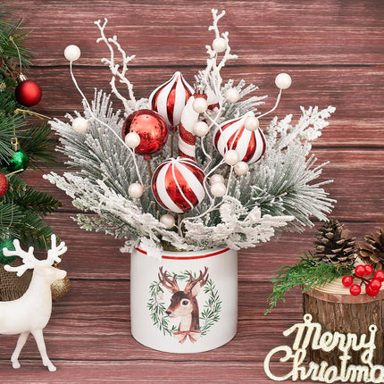 Plus tard Christmas Table Decor 12 Inches Ceramic Potted Snow Flocked Pine Needle White Berry Red Ornaments Decorative Holiday Tree Tabletop Xmas Centerpiece Decor