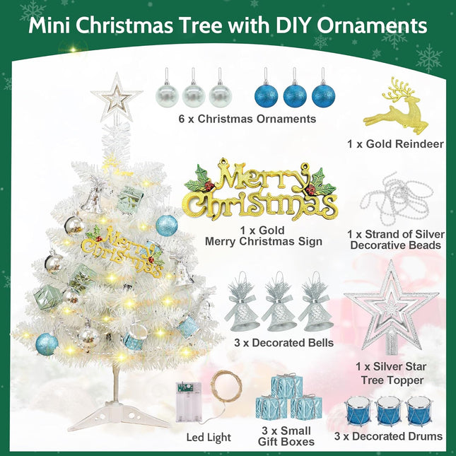 Small White Christmas Tree, 24 Inch/2ft Artificial Mini Table Top Christmas Tree, Tabletop Christmas Tree with Star, Ball Ornaments for DIY Christmas Decorations