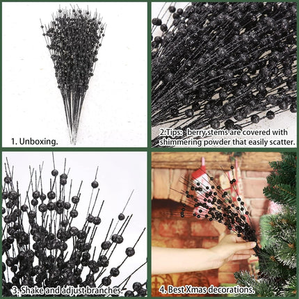 12 PCS Artificial Glitter Berry, Black Christmas Glitter Picks Artificial Berries Stems Ornaments Fake Xmas Stem Decorative Sticks for Vases Tall DIY Wreath Home Decor Halloween Decoration (15.8’’)