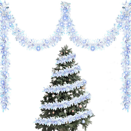 Kingdder 16.4 ft Christmas Prelit Iridescent White Tinsel Garland Metallic Garland with 50 LED Lights Hanging Christmas Garland with Light Xmas Foil Tinsel Garland for Christmas Tree Wedding Party